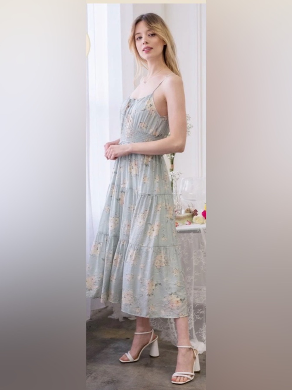 By the River Floral Smocked Tiered Midi Sundress w Vintage Cream & Pink Floral - Picture 15 of 16